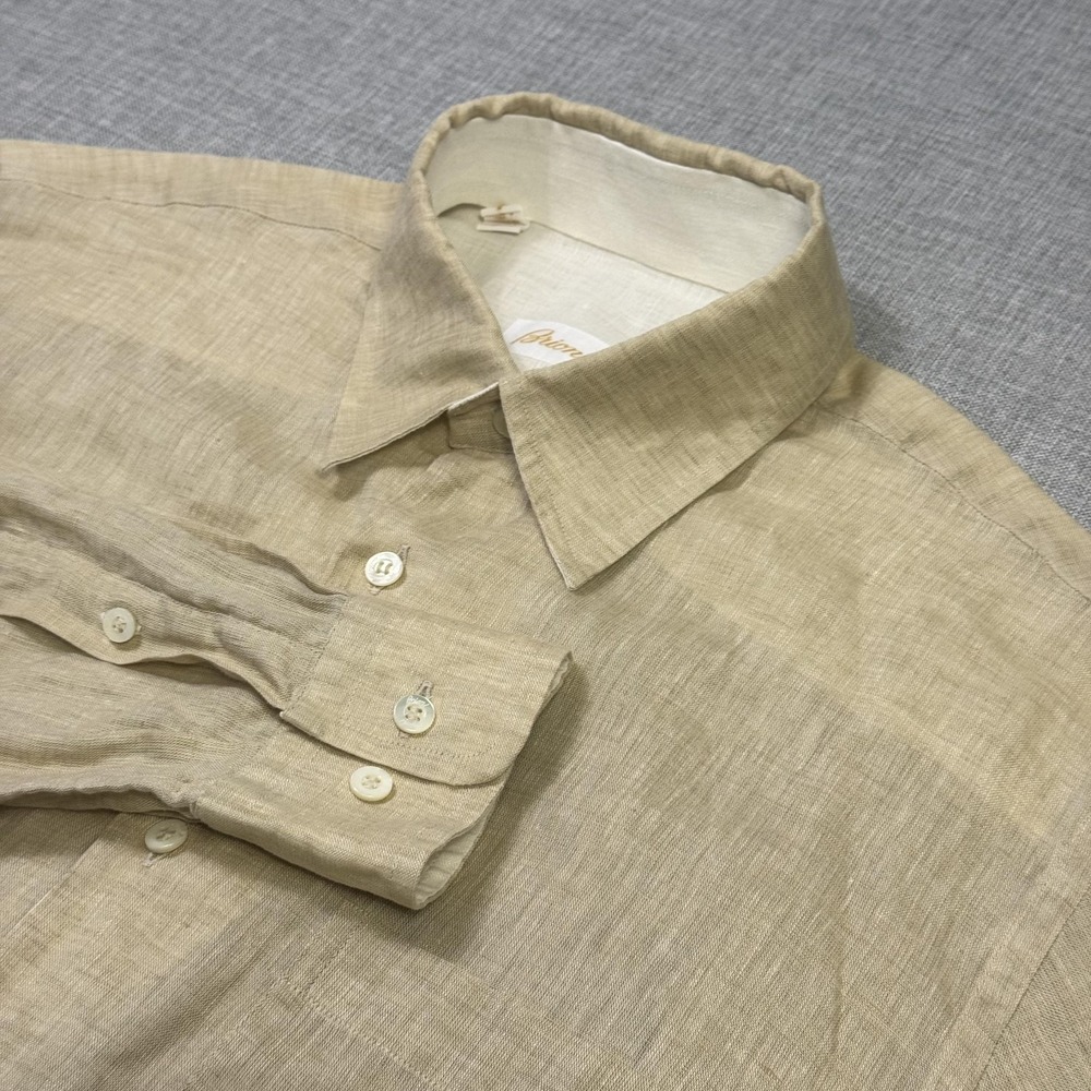 Brioni Linen Button-Up Dress Shirt Mens Small Beige Long Sleeve Made In Italy